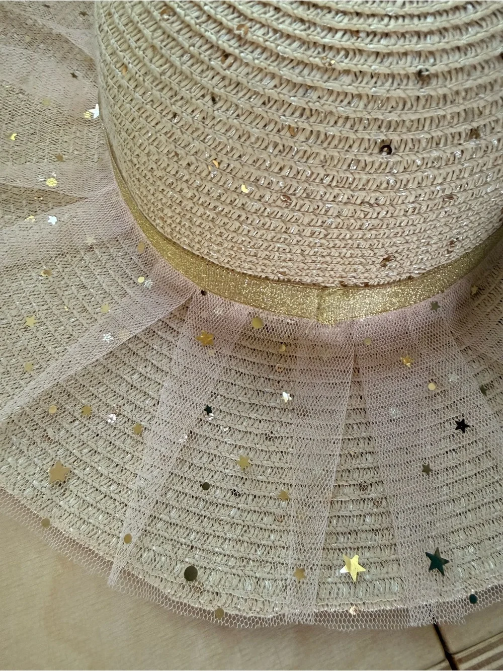 San Diego Hat Company Girls Straw Sun Hat Pink Tulle Gold Stars Ages 5–7